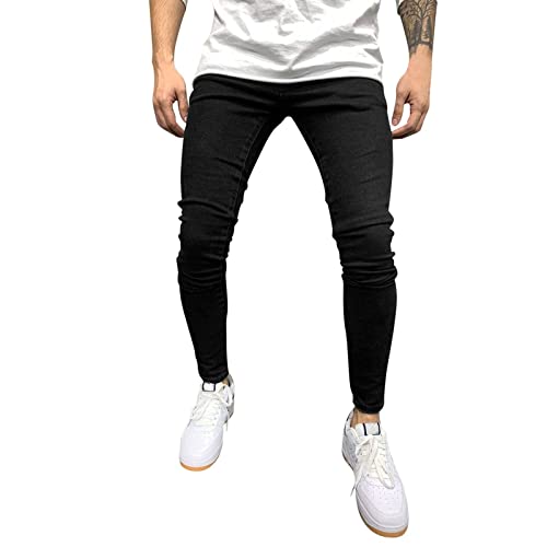 Briskorry Herren Jeans Hose Sommer Mode Zerrissene Slim Fit Destroyed Ripped Denim Basic Lange Jeanshose Männer Pant Coole Jungen Stretch Freizeithose Schwarze Hosen (N1-Black, L) von Briskorry