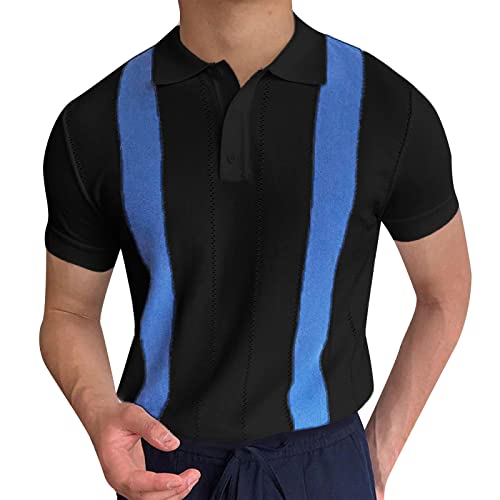 Briskorry Herren Strick-Poloshirt Kurzarm Umlegekragen Knopfleiste Farbblock Gestreift T-Shirt Stretch Slim Fit Plus Size Tops Golf Tennis Blusen (XA-Black, M) von Briskorry