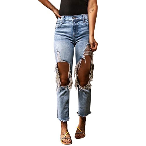 Briskorry High Waist Löcher Jeans Damen Baggy Zerrissene Jeanshose, Freizeit Straight Wide Leg E-Girl Style Jeans, Harajuku 90er Jahre Hip Hop Gerade Trousers von Briskorry