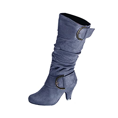 Briskorry Hohe Stiefel Damen High Heels Klassische Stiefel mit Blockabsatz Profilsohle Elegant Winterstiefel mit Schnalle Winterschuhe Mode Elegante Outdoor-Stiefel Langschaft Boots von Briskorry