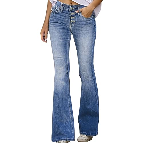 Briskorry Jeanshose Damen Bootcut Schlaghose,Hohe Taille Skinny Pants Mode Distressed Cargohosen Casual Frauen 90'S Flare High Rise Jeans Lässige Strecken Flared Bootcut Jeans Slim Fit (b-Blue, XL) von Briskorry