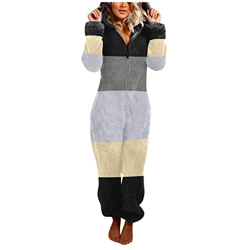 Briskorry Jumpsuit DamenTeddy Fleece Schlafanzug Einteiler Winter Warm Kuschelig Onesie Lang Schlafoverall Pyjama Kuschelig und Warm Ganzkörperanzug Flauschig Hausanzug mit Kapuze (1-Black, M) von Briskorry