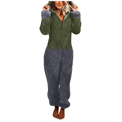 Briskorry Jumpsuit DamenTeddy Fleece Schlafanzug Einteiler Winter Warm Kuschelig Onesie Lang Schlafoverall Pyjama Kuschelig und Warm Ganzkörperanzug Flauschig Hausanzug mit Kapuze (1-Grey, L) von Briskorry