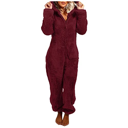 Briskorry Jumpsuit DamenTeddy Fleece Schlafanzug Einteiler Winter Warm Kuschelig Onesie Lang Schlafoverall Pyjama Kuschelig und Warm Ganzkörperanzug Flauschig Hausanzug mit Kapuze (1-Wine, L) von Briskorry