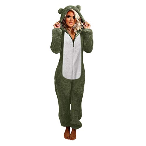 Briskorry Jumpsuit DamenTeddy Fleece Schlafanzug Einteiler Winter Warm Kuschelig Onesie Lang Schlafoverall Pyjama Kuschelig und Warm Ganzkörperanzug Flauschig Hausanzug mit Kapuze von Briskorry