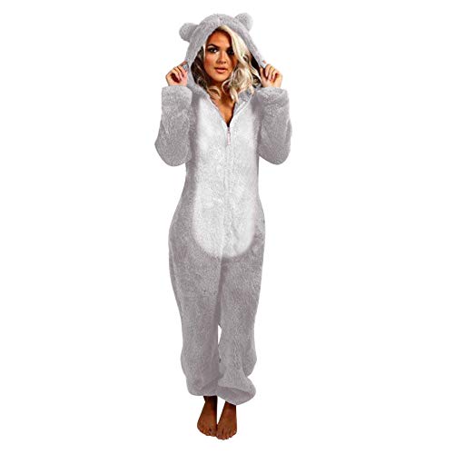 Briskorry Jumpsuit DamenTeddy Fleece Schlafanzug Einteiler Winter Warm Kuschelig Onesie Lang Schlafoverall Pyjama Kuschelig und Warm Ganzkörperanzug Flauschig Hausanzug mit Kapuze (a-Grey, L) von Briskorry