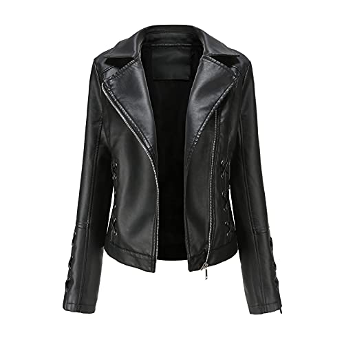 Briskorry Lederjacke Damen Kunstleder Übergangsjacke Frühlingsjacke Bikerjacke Motorradjacke mit Reverskragen Stehkragen Reißverschluss Vintage Casual Style Damen Mantel Langarm Bomberjacke von Briskorry