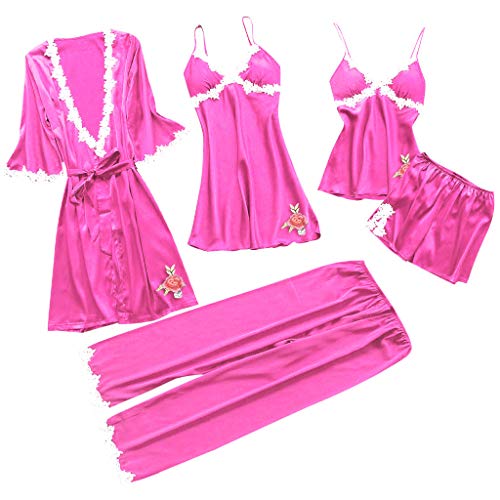 Briskorry Nachtwäsche Damen Set 5 Stücke Pyjama-Set Satin Morgenmantel Lang Sexy Leicht Strapsen Schlafanzüge Nachtwäsche Unterwäsche Hausanzug Sleepwear von Briskorry