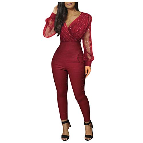 Briskorry Overall Damen Elegant Lang Frühling Sommer Strampler Elegant Mesh Splice Langarm Jumpsuit Langarmshirt Für Hochzeit Bodycon Business Festlich Romper Playsuit von Briskorry