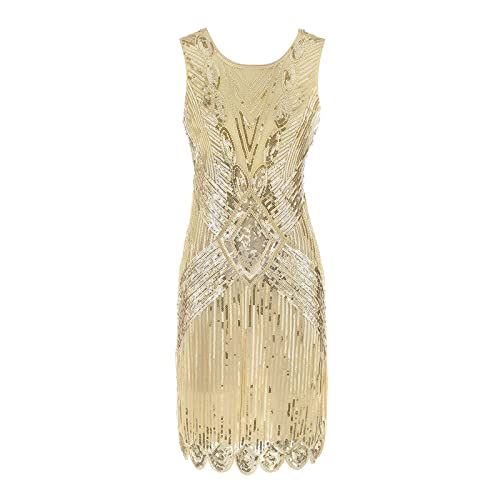 Briskorry Pailletten Abendkleider Damen Lange 1920s Kleid Bodycon Flapper Charleston Kleid Great Gatsby Cocktail Kleid Saum Cocktail Flapper Abschlussball Kleid (M1-Gold, M) von Briskorry