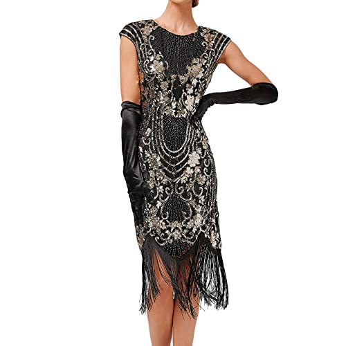 Briskorry Pailletten Abendkleider Damen Lange 1920s Kleid Bodycon Flapper Charleston Kleid Great Gatsby Cocktail Kleid Saum Cocktail Flapper Abschlussball Kleid von Briskorry