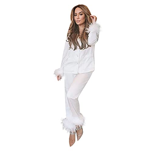 Briskorry Pyjama Satin Damen Set Lang Elegant Schlafanzug Weihnachten Party Nachtwäsche V-Ausschnitt Button Down Feder Einfarbig Zweiteilige Nachtwäsche Geschenk für Freundin von Briskorry