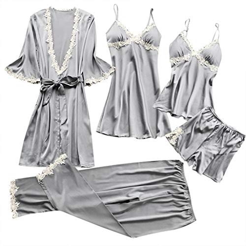 Briskorry Pyjama Set Damen 5 Teilig Spitze Spleiß Seide HosenträGer Bademantel Set Nachtkleid Schlafanzug Satin Sexy Pyjamas Lace Trim Seidenpyjamas NachtwäSche von Briskorry