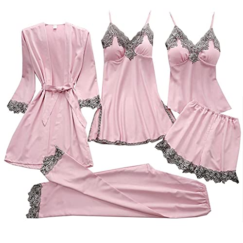 Briskorry Pyjama Set Damen 5 Teilig Spitze Spleiß Seide HosenträGer Bademantel Set Nachtkleid Schlafanzug Satin Sexy Pyjamas Lace Trim Seidenpyjamas NachtwäSche von Briskorry