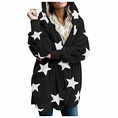 Briskorry Sterne Blumenmuster Kuscheljacken Frauen Übergangsjacke Damen Feste Kuscheljacke Winter Warm Flauschige Cardigan Jacke Parka Mantel Teddyjacke Plüschjacke Winterjacke mit Kapuze von Briskorry