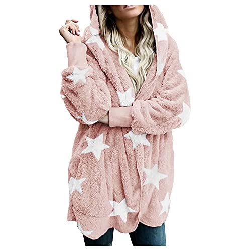 Briskorry Sterne Blumenmuster Kuscheljacken Frauen Übergangsjacke Damen Feste Kuscheljacke Winter Warm Flauschige Cardigan Jacke Parka Mantel Teddyjacke Plüschjacke Winterjacke mit Kapuze von Briskorry