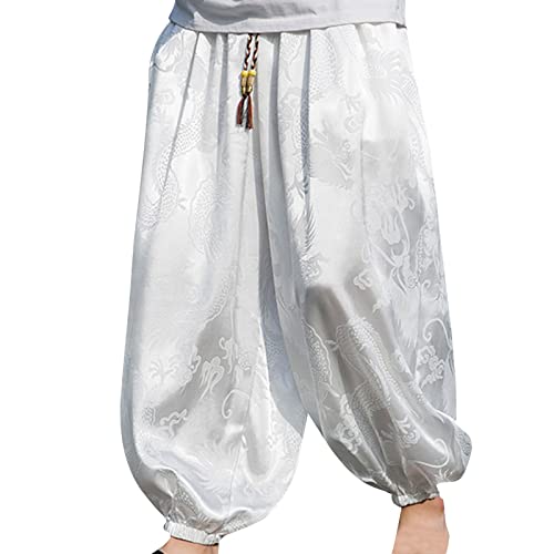 Briskorry Streetwear Herren Haremshose Japanischer Stil Freizeithose Baggy Hose Locker Baumwolle Leinen Jogger Hose Hippie Yoga Ballon Bloomer Casual Lose Laufhose (B-White, L) von Briskorry