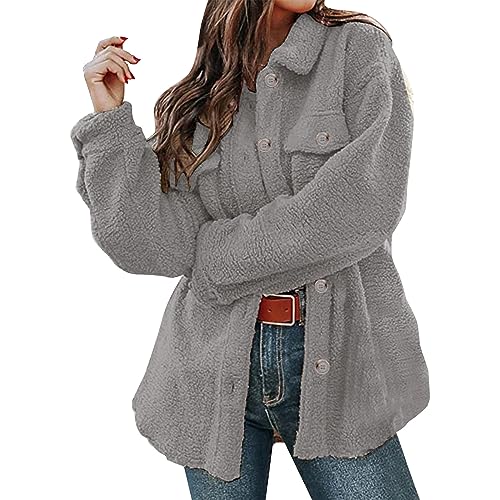 Briskorry Teddy Fleecejacke Damen Hemdjacke Damen Einfarbig Bluse Jacke Button Down Langarm Plüschjacke Oversized Kuscheljacke Flauschig Sherpa Cardigan von Briskorry