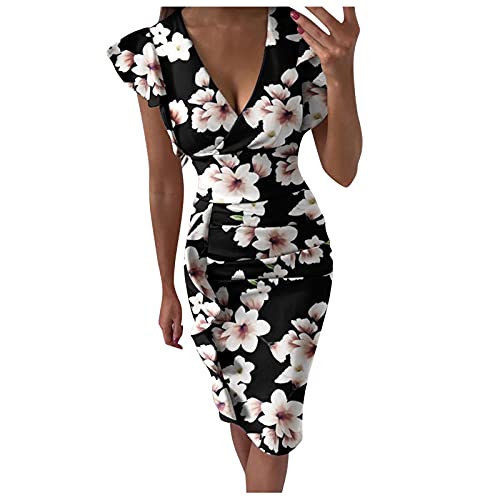 Briskorry V-Ausschnitt Blumen Etuikleider Knielang Business Kleider Damen Sommer Elegante Bustier Festkleider Sexy Rüschensaum Gerafftes Ärmelloses Enges Kleid Partykleid Vintage Dress von Briskorry