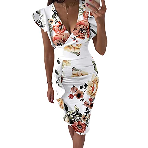 Briskorry V-Ausschnitt Blumen Etuikleider Knielang Business Kleider Damen Sommer Elegante Bustier Festkleider Sexy Rüschensaum Gerafftes Ärmelloses Enges Kleid Partykleid Vintage Dress von Briskorry