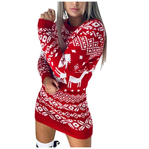 Briskorry Weihnachtskleid Damen Weihnachtenpullover Kleid Rentier Druck Strickkleid Sexy Rundhals Pullikleid Langarm Sweatshirts Slim Fit Wickelrock Weihnachtsthema Partykleid Dresses von Briskorry