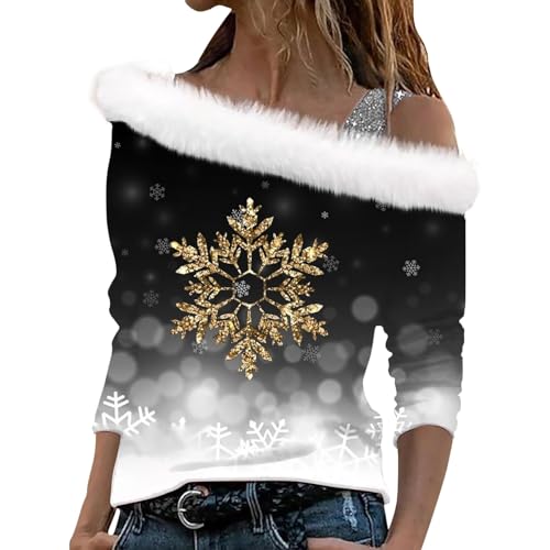 Briskorry Weihnachtspullover Damen Plüsch V-Ausschnitt Langarmshirt Weihnachten Bluse Rot Weinglas Druck Oberteile Herbst Winter Sweatshirt Christmas Pullover Weihnachtspulli Tunika Shirt Tops von Briskorry