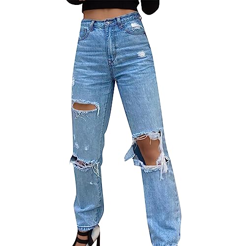 Briskorry y2k Jeans Baggy Boyfriend Jeanshosen Damen Jeans High Waist Loch Denim Jean Hose Mode Weites Bein Freizeithose Retro Pants Hip Hop Streetwear Zerrissenes Loch Denimhose (a-Blue, XL) von Briskorry