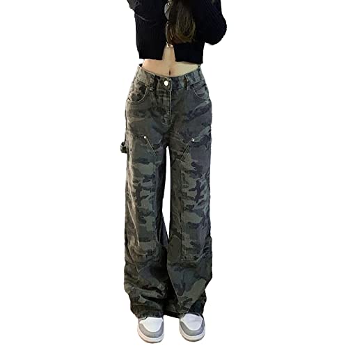 Cargohose Damen Low Waist Cargo Jeans Gerade Breites Bein Baggy Denim Hosen Y2k Aesthetic Vintage Jeanshosen 90er Streetwear Boyfriend Pants Straight Leg Pants Loose Sweathose Mit Tasche von Briskorry