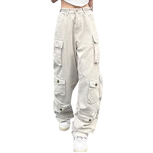 Cargohose Damen Low Waist Cargo Jeans Gerade Breites Bein Baggy Denim Hosen Y2k Aesthetic Vintage Jeanshosen 90er Streetwear Boyfriend Pants Straight Leg Pants Loose Sweathose Mit Tasche von Briskorry