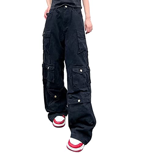 Cargohose Damen Low Waist Cargo Jeans Gerade Breites Bein Baggy Denim Hosen Y2k Aesthetic Vintage Jeanshosen 90er Streetwear Boyfriend Pants Straight Leg Pants Loose Sweathose Mit Tasche von Briskorry