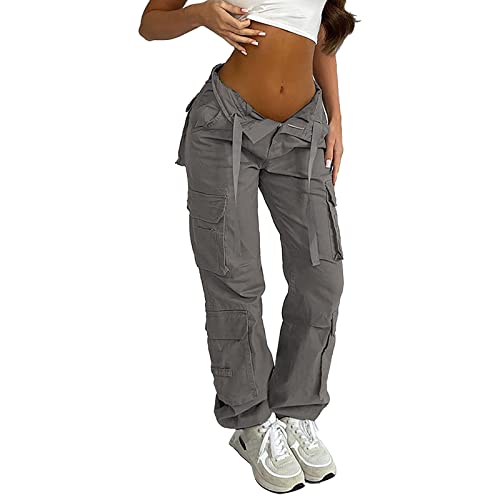 Cargohose Damen Low Waist Cargo Jeans Gerade Breites Bein Baggy Denim Hosen Y2k Aesthetic Vintage Jeanshosen 90er Streetwear Boyfriend Pants Straight Leg Pants Loose Sweathose Mit Tasche von Briskorry