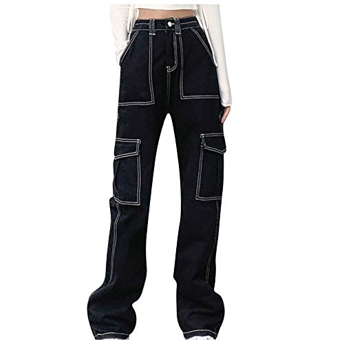 Cargohose Damen Low Waist Cargo Jeans Gerade Breites Bein Baggy Denim Hosen Y2k Aesthetic Vintage Jeanshosen 90er Streetwear Boyfriend Pants Straight Leg Pants Loose Sweathose Mit Tasche von Briskorry