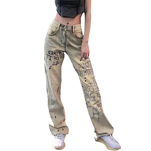 Cargohose Damen Low Waist Cargo Jeans Gerade Breites Bein Baggy Denim Hosen Y2k Aesthetic Vintage Jeanshosen 90er Streetwear Boyfriend Pants Straight Leg Pants Loose Sweathose Mit Tasche von Briskorry