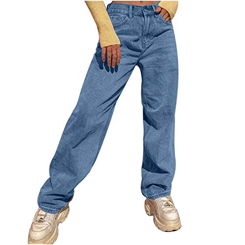 Damen Baggy Jeans, Einfarbig Hohe Taille Jeanshose Oversize Boyfriend Y2K Style Denim Freizeithose, Straight Lässig Hosen Streetwear Mode Hose für Junges Mädchen von Briskorry