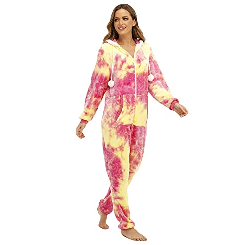 Damen Batik-Jumpsuit Teddy Fleece Schlafanzug Einteiler Winter Warm Onesie Plüsch Kuschelig Overall Flauschig Hausanzug Lang Schlafoverall Weich Pyjama Schlafanzug mit Kapuze & Reißverschluss von Briskorry