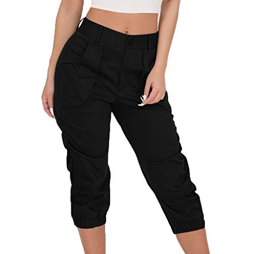 Damen Cargohose Sommer 3/4 Hose Wanderhose mit Kordelzug Sporthose Leichte Freizeithose Baggy Einfarbig Regular Fit Jogginghose Caprihose mit Taschen Arbeitshose Kurze Sommerhosen Outdoorhose von Briskorry