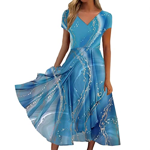 Damen Elegant Sommerkleider Lange Kleid Chiffon,Sommerkleid Lang MaxiKleid Kleid Blusenkleid V-Ausschnitt Drucken Party Kleider Festliche Flowy Partykleid Rundhals Tunikakleid Festlich Beque von Briskorry