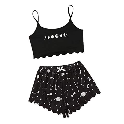 Damen Hauseanzug Zweiteiliger Shorts und Top Sets 2 Piece Teenager Mädchen Spaghettiträger Bauchfrei Tops Camisole Kurze Hose Schlafanzug Kombi 2-Teiler Home Set mit Cartoonmuster von Briskorry