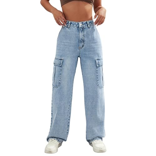 Damen Low Waist Cargo Jeans Gerade Breites Bein Baggy Denim Hosen Y2k Indie Aesthetic Vintage Jeanshosen 90er Streetwear Jeans Mit Tasche Relaxed Fit Boyfriend Pants von Briskorry