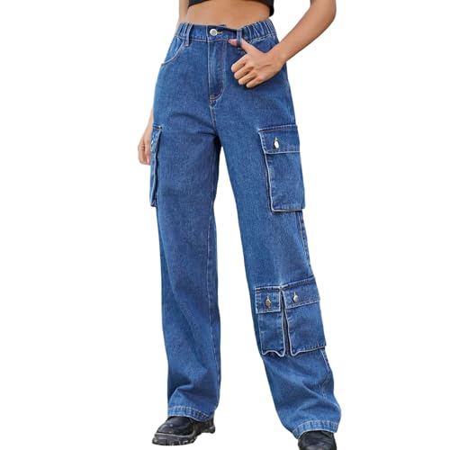 Damen Low Waist Cargo Jeans Gerade Breites Bein Baggy Denim Hosen Y2k Indie Aesthetic Vintage Jeanshosen 90er Streetwear Jeans Mit Tasche Relaxed Fit Boyfriend Pants von Briskorry