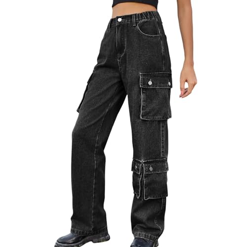 Damen Low Waist Cargo Jeans Gerade Breites Bein Baggy Denim Hosen Y2k Indie Aesthetic Vintage Jeanshosen 90er Streetwear Jeans Mit Tasche Relaxed Fit Boyfriend Pants von Briskorry