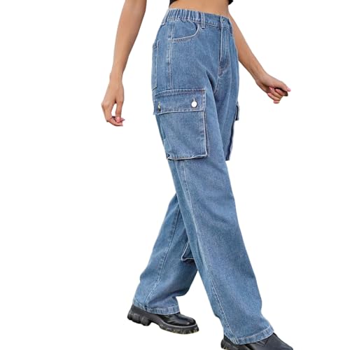 Damen Low Waist Cargo Jeans Gerade Breites Bein Baggy Denim Hosen Y2k Indie Aesthetic Vintage Jeanshosen 90er Streetwear Jeans Mit Tasche Relaxed Fit Boyfriend Pants von Briskorry