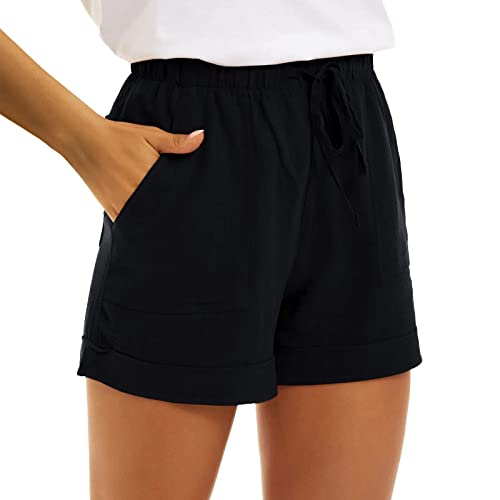 Damen Shorts Sommer Mode Lässige Hose mit hoher Taille Gerades Bein Sport Lässige Lockere Shorts mit Kordelzug Kurze Hose mit Taschen Gummiband Freizeit Shorts Elastische Stoffhose von Briskorry