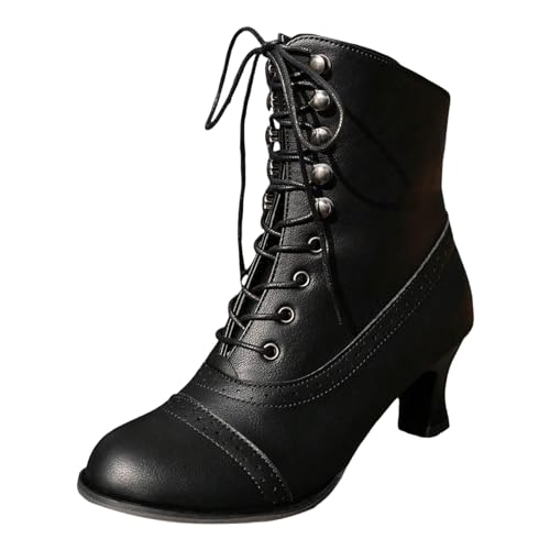 Damen Stiefeletten Mit Absatz, Damen viktorianische Vintage Gothic Schnürung lederstiefel spitz Klassische Halbschaft Stiefel Mittelalterliche retro Knöchelstiefel Ankle Boots Hochzeit (FA-Black, 40) von Briskorry