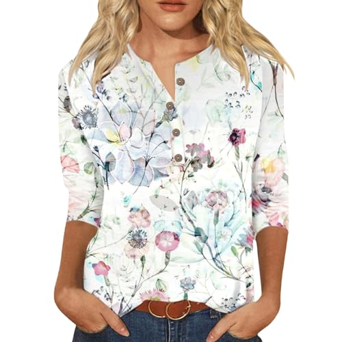 Damen T-Shirts Sommer 3/4 Arm Oberteile Tops Blumenmuster Druck Tunika Shirt Lose Rundhals Sommershirts Mode Damenblusen Langarm Blumen Bluse Tshirt von Briskorry