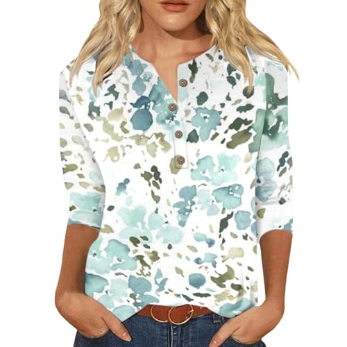 Damen T-Shirts Sommer 3/4 Arm Oberteile Tops Blumenmuster Druck Tunika Shirt Lose Rundhals Sommershirts Mode Damenblusen Langarm Blumen Bluse Tshirt von Briskorry