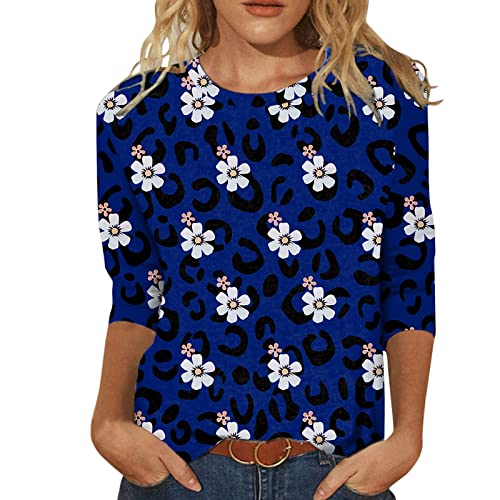 Damen T-Shirts Sommer 3/4 Arm Oberteile Tops Blumenmuster Druck Tunika Shirt Lose Rundhals Sommershirts Mode Damenblusen Langarm Blumen Bluse Tshirt von Briskorry