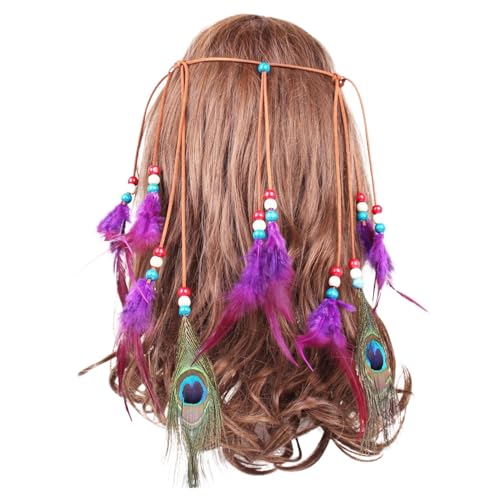 Feder-Stirnband, Boho-Hippie-Kopfschmuck, Weiß, Retrostil, Tribal-Kopfschmuck im Stil der amerikanischen Ureinwohner, Festival, Party, Haarschmuck für Damen und Mädchen (Lila) von Briskorry