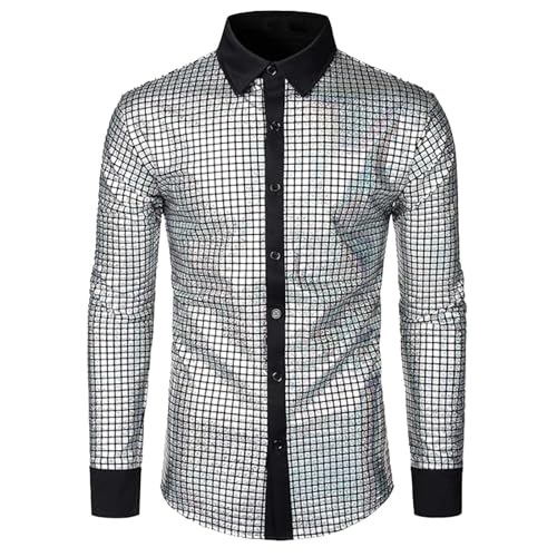 Glitzer Hemd Herren Pailletten Silvester Outfit 80Er Jahre Kostüm Goldenes Oberteil Karneval Fasching Shirt Glänzend Disco Party Kostüm Reverskragen Top Vintage Streetwear von Briskorry