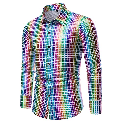 Glitzer Hemd Herren Pailletten Silvester Outfit 80Er Jahre Kostüm Goldenes Oberteil Karneval Fasching Shirt Glänzend Disco Party Kostüm Reverskragen Top Vintage Streetwear von Briskorry